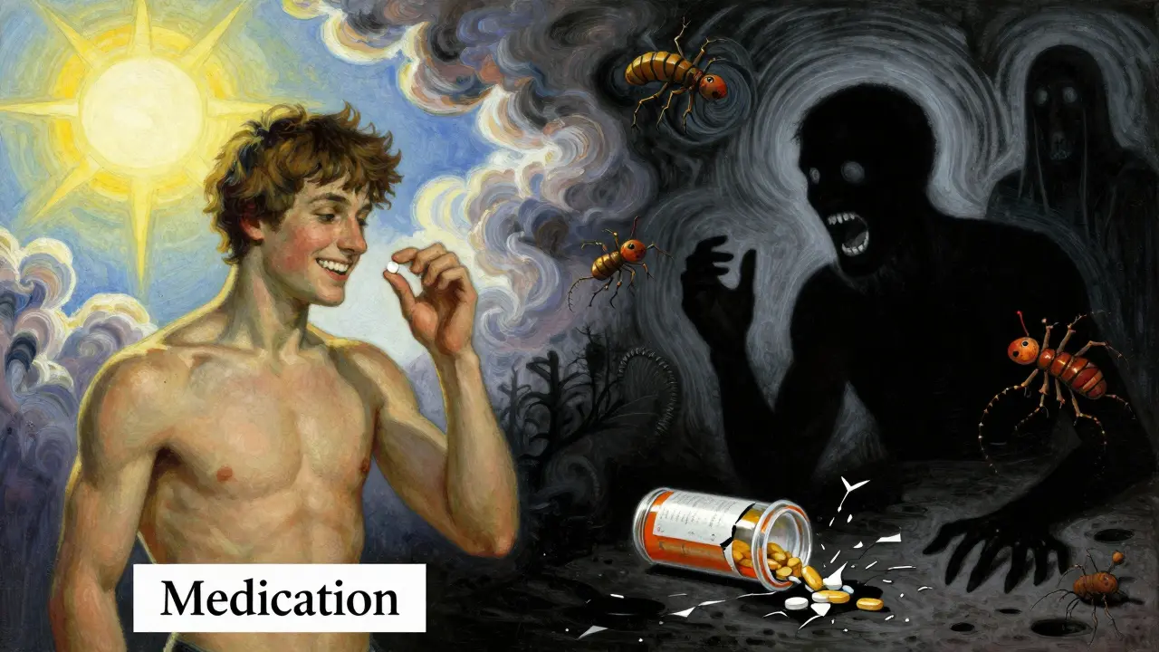 Contrasting images of a person before and after medication-induced psychosis, with hallucinations consuming their form.