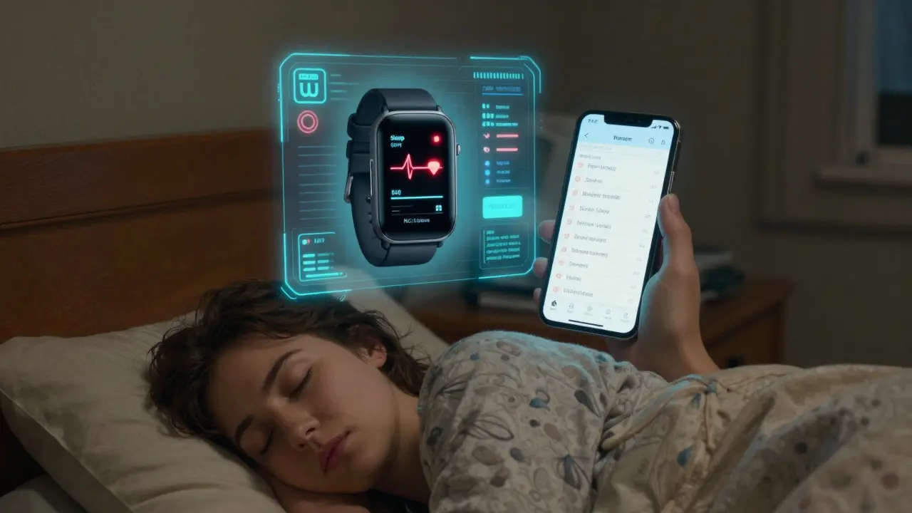 Digital health metrics floating above a nightstand with smartphone and wearable device.