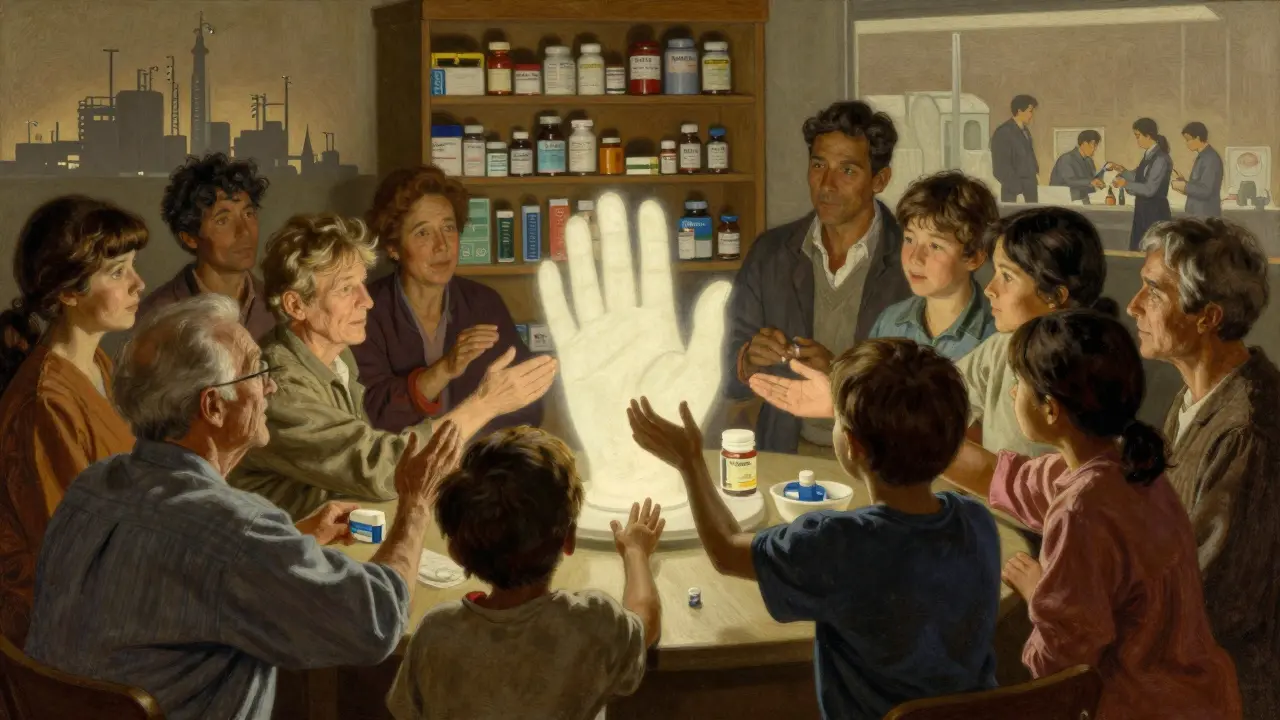 Diverse patients receiving generic medication from a celestial hand, with factory silhouettes in background, rendered in warm, dramatic tones.