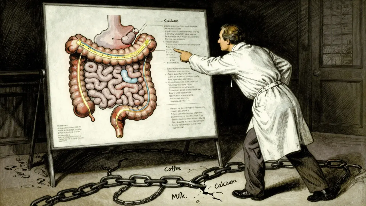 Doctor explaining bone medication absorption with illustrated digestive tract and broken interference chains.