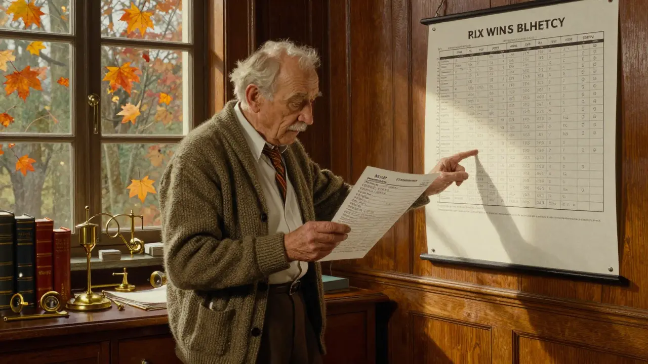 Elderly man and doctor reviewing blood test results in a warm, book-lined office.