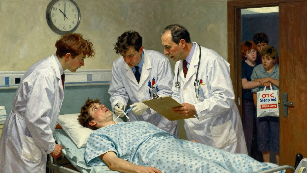 Emergency medical staff treating a psychotic patient in a hospital, family member holding OTC pills in the doorway.