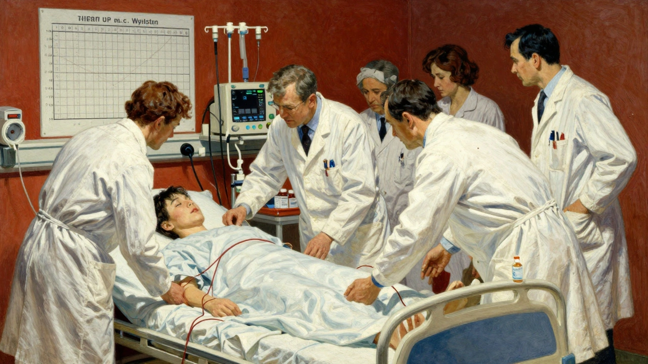 Emergency room staff treating a patient with multiple drug overdose using IVs and medical charts.