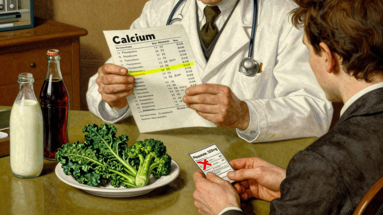 Endocrinologist reviewing blood test with patient, healthy foods nearby and phosphate-rich foods marked with X&#039;s.
