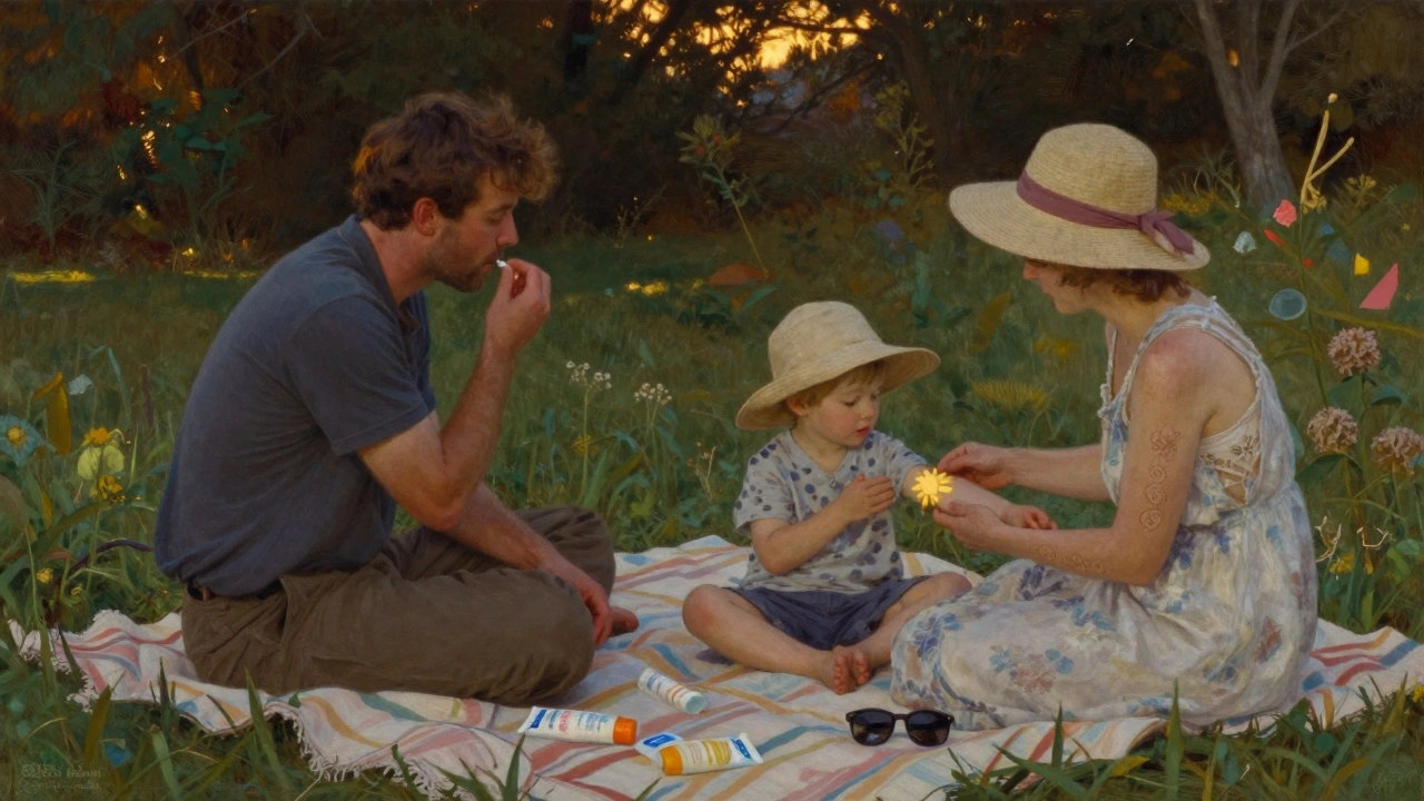 Family picnic at twilight, taking antibiotic in evening with sun protection gear visible.