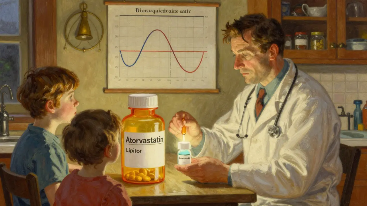 Family receiving prescription with two identical pills side by side, glowing equally, bioequivalence chart on wall.