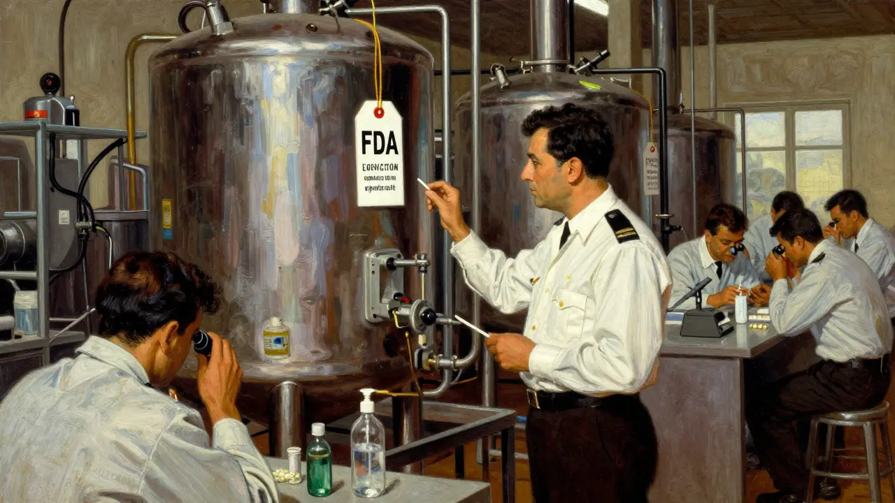 FDA inspector inspecting a pharmaceutical factory in India, workers in cleanrooms monitoring tablets under magnifiers.