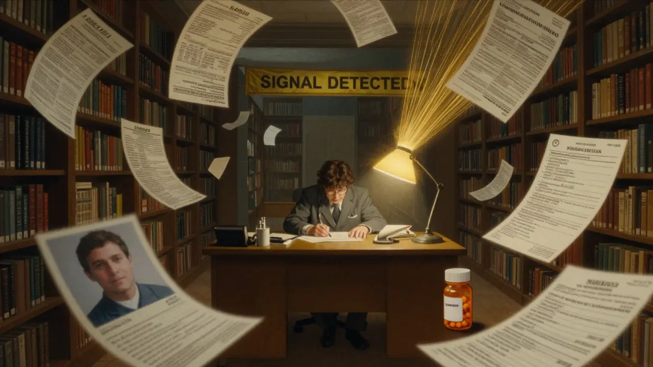 Floating medical reports swirl around an FDA analyst as a patient’s evidence rises toward a safety alert.