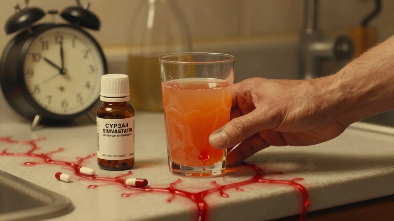 Hand placing grapefruit juice next to simvastatin pills, with red veins symbolizing dangerous enzyme blockage.