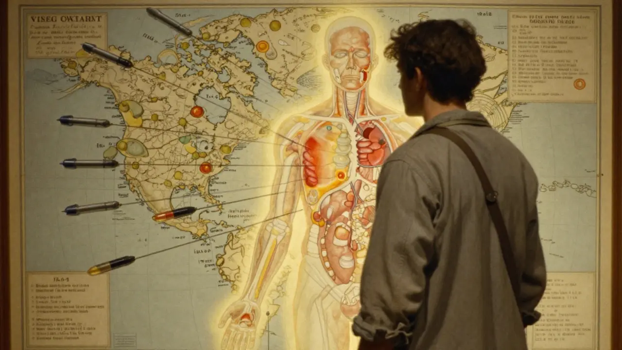 Patient facing a glowing map of the body as targeted biologic therapies heal inflamed joints.