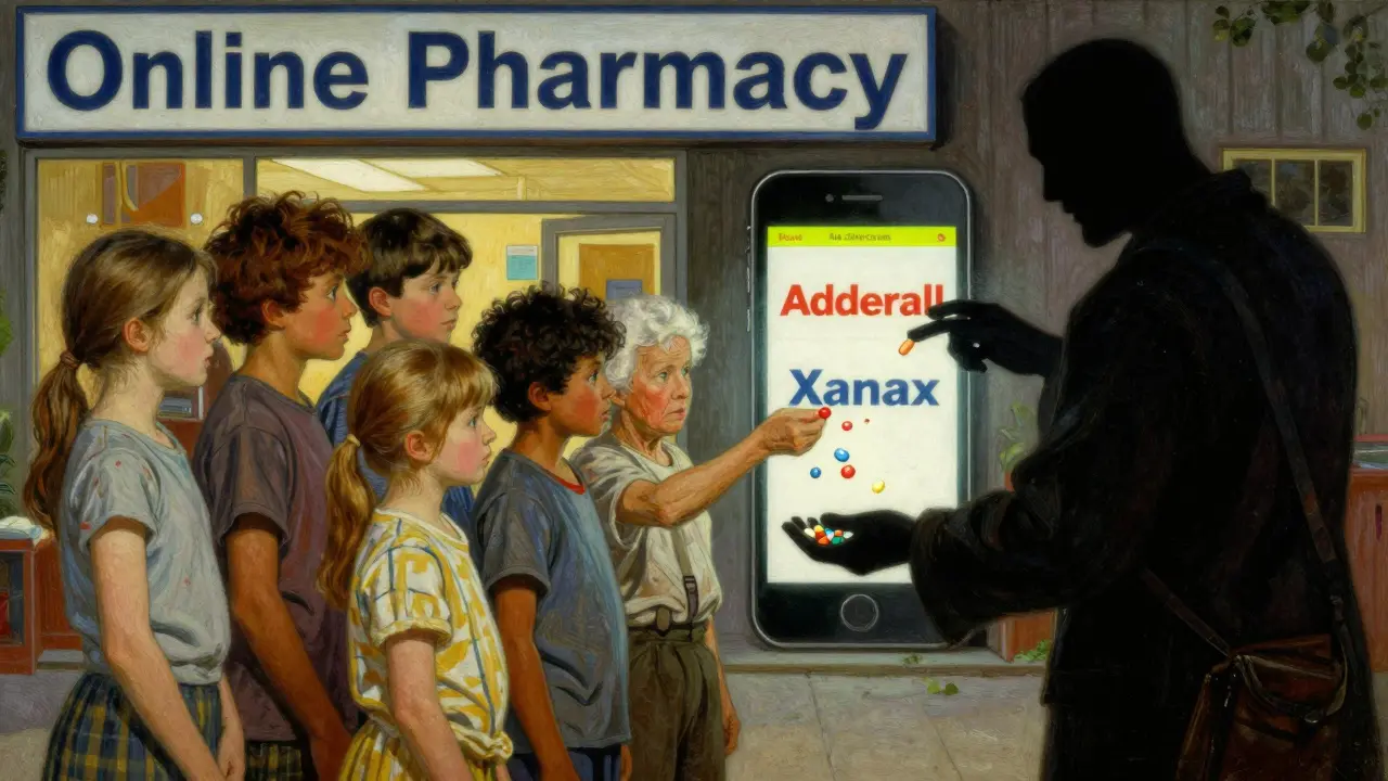 Patients reach for pills from an online pharmacy vendor, while fake ads glow on a smartphone screen.
