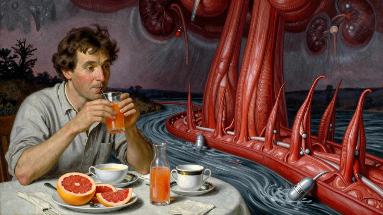 Person drinking grapefruit juice as stormy statin molecules overwhelm muscles and kidneys