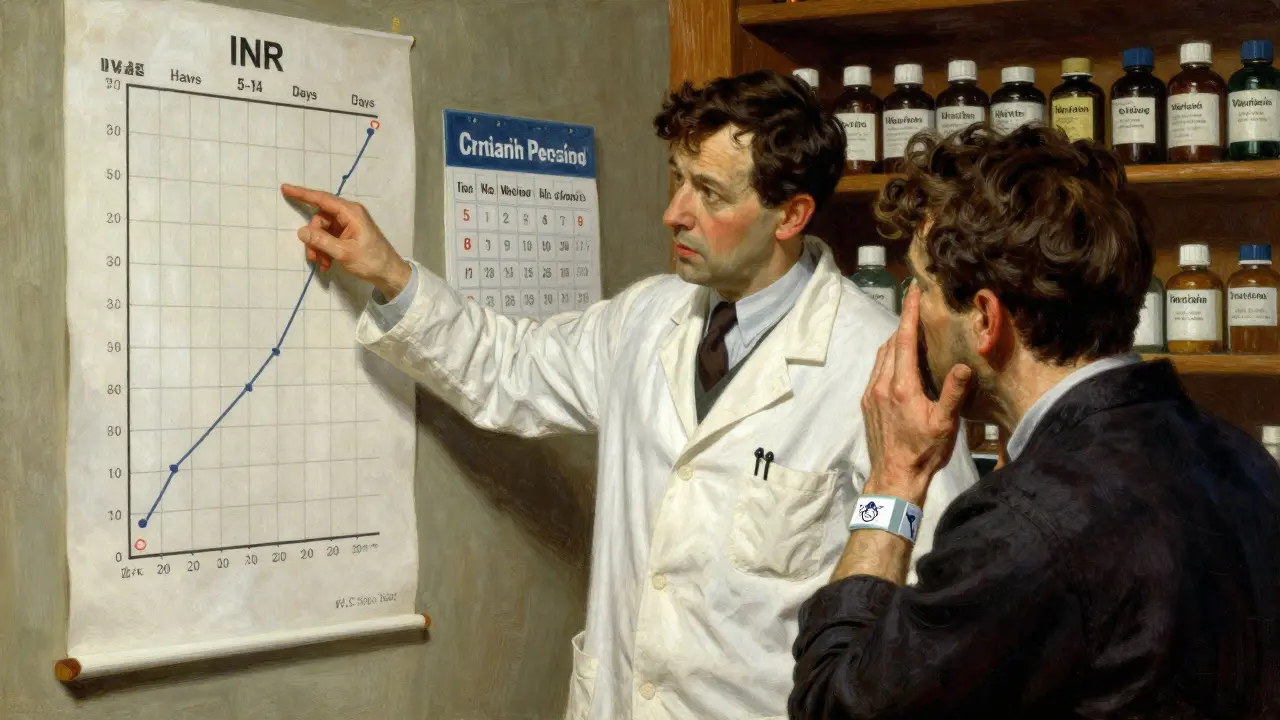 Pharmacist explains INR timeline on chart to concerned patient in clinic setting.