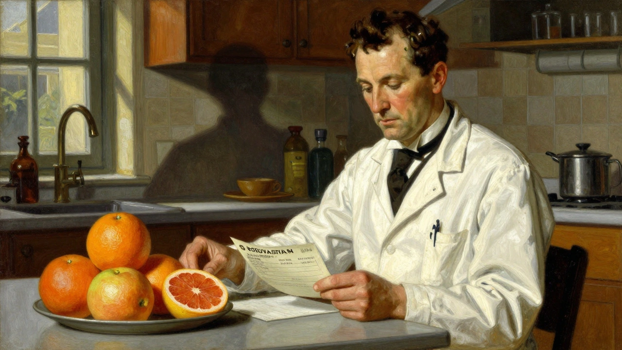 Pharmacist offering safe statin while grapefruit fades away in shadow