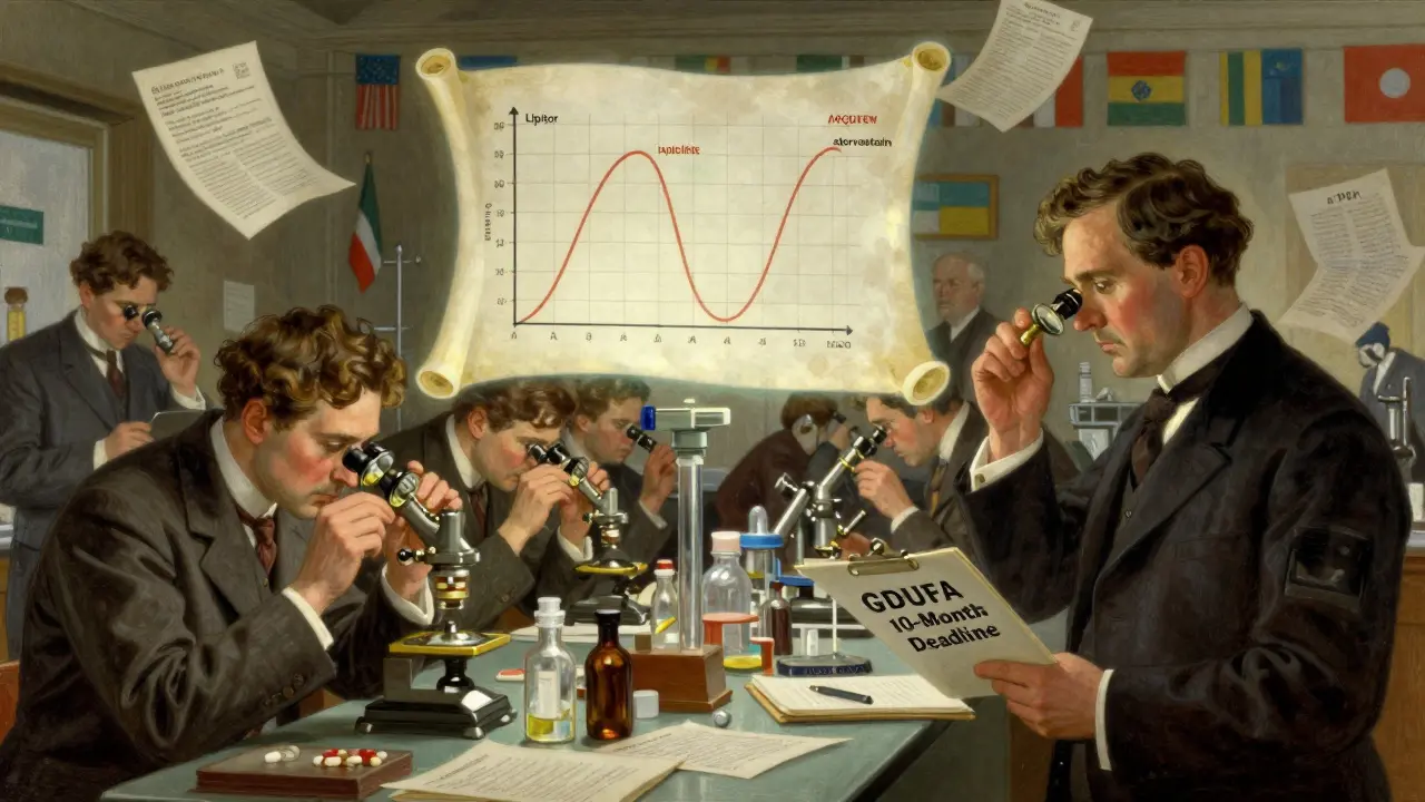 Scientists in vintage attire examining pill formulations with a floating bioequivalence graph and GDUFA deadline in a detailed lab scene.