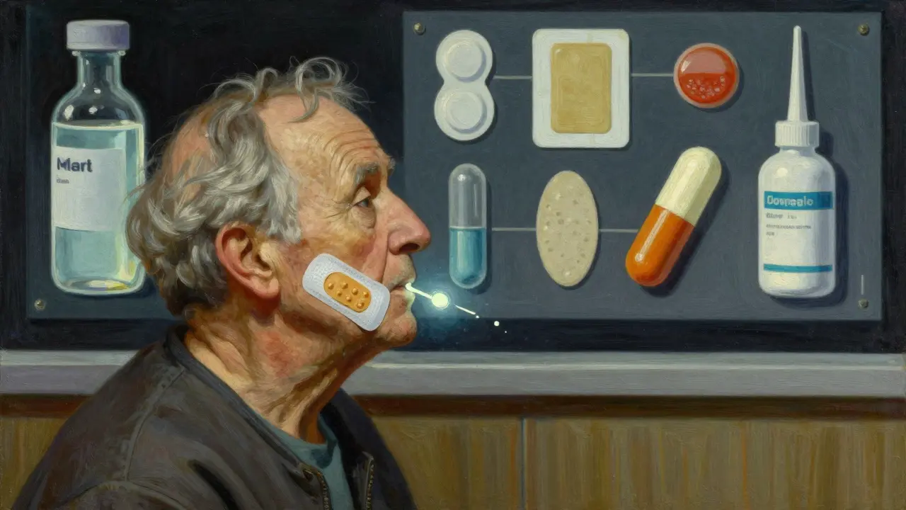 Senior with dissolvable medicine film on cheek, surrounded by alternative drug delivery methods.