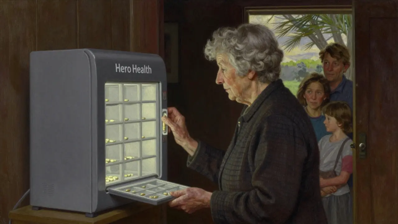 Senior woman watching as pill dispenser opens automatically at dawn.