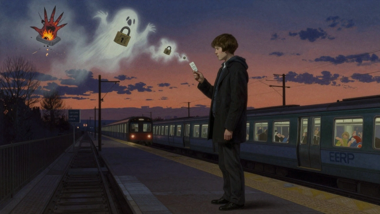 Someone standing calmly on a subway platform as haunting thoughts fade away.