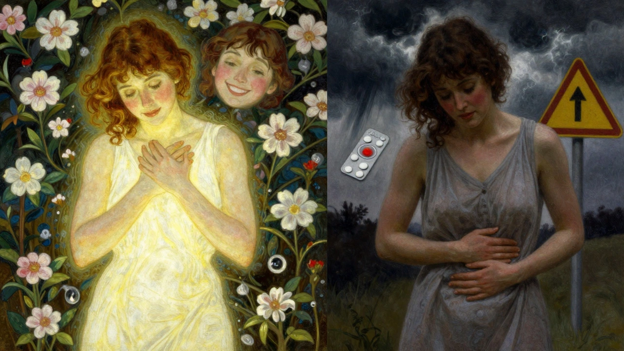 Split image showing a woman experiencing both the benefits and risks of birth control pills.