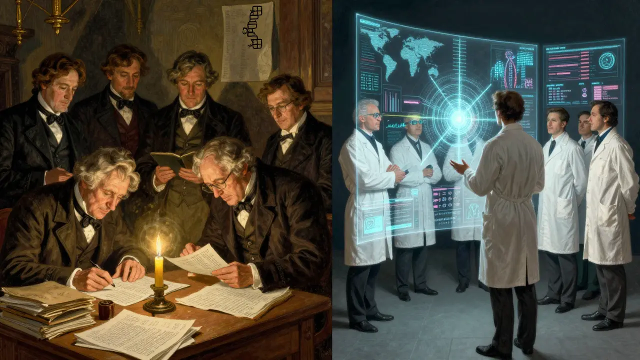 Split scene: old scientists with paper reports vs. modern team observing AI-generated safety signals in holograms.
