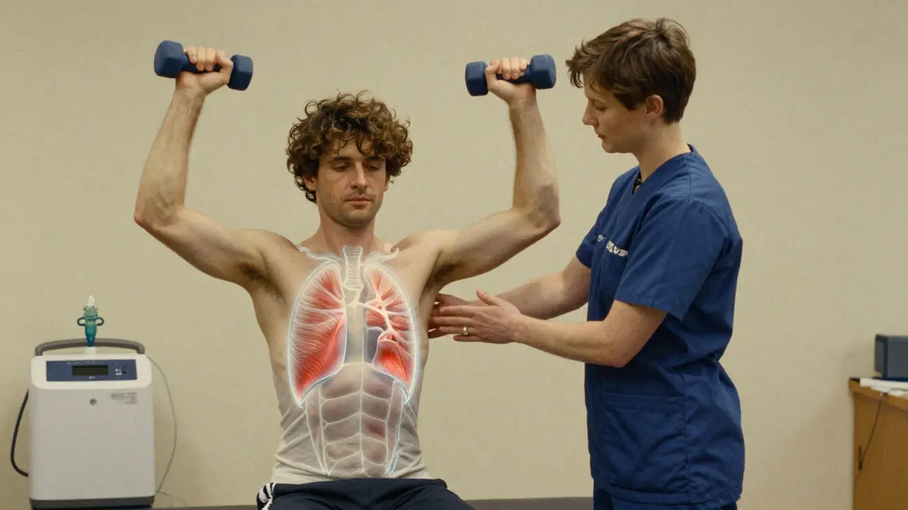 Therapist guiding COPD patient through seated arm curls, oxygen concentrator nearby, glowing muscle diagrams beneath skin.