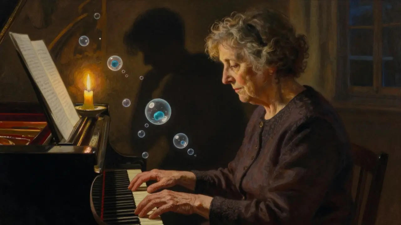 Woman playing piano, biologic molecules glowing around her hands as past pain fades behind.
