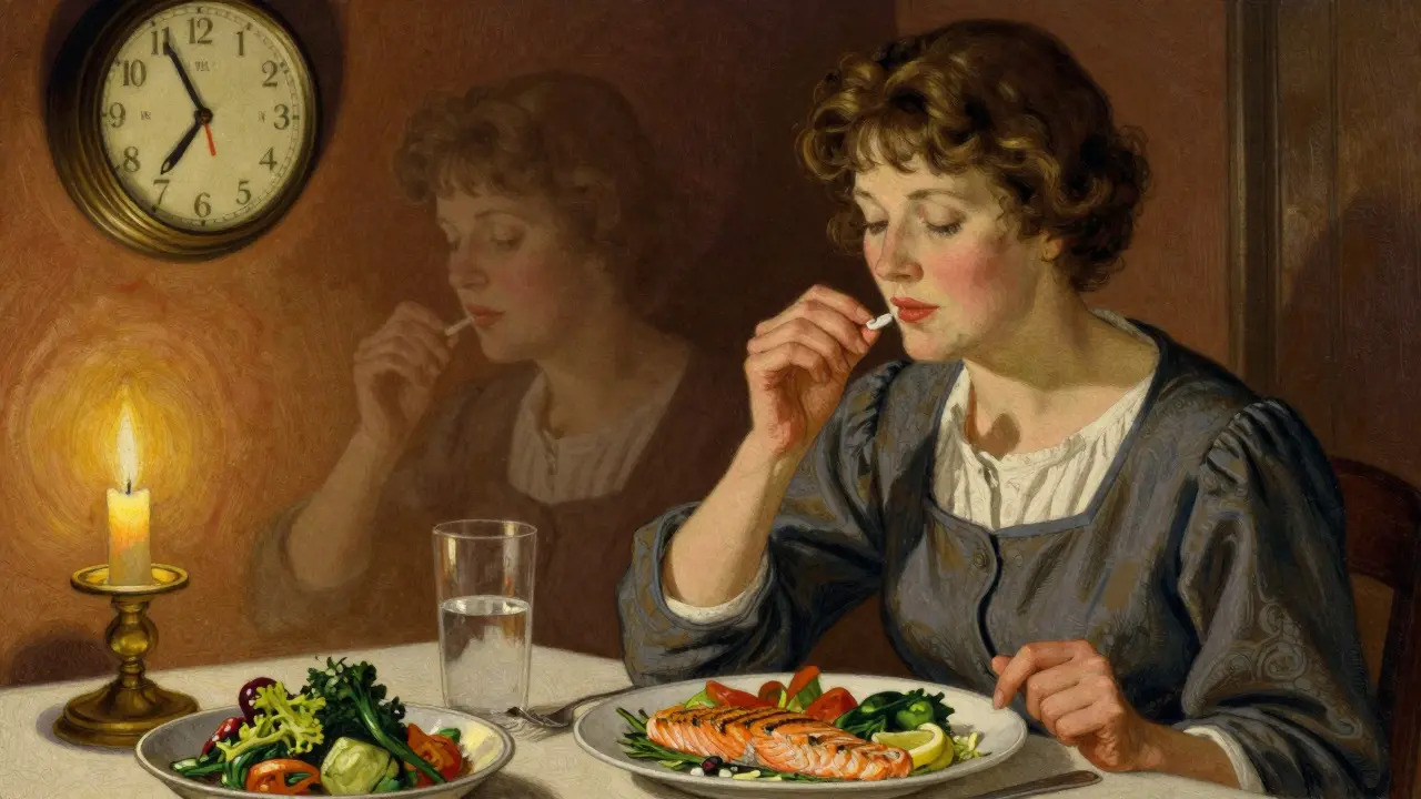 Woman taking calcium supplement with dinner, warm evening light, peaceful atmosphere.