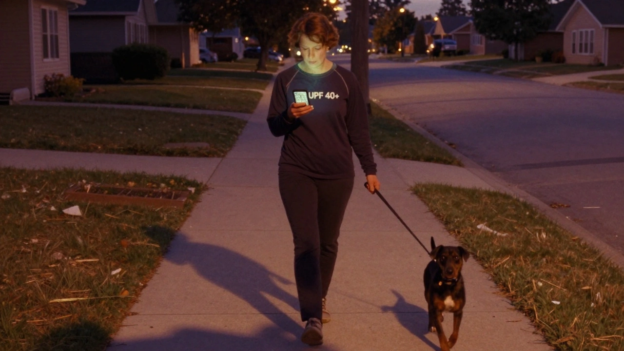 Woman walking her dog at dusk, checking UV index on phone, wearing protective UPF clothing.