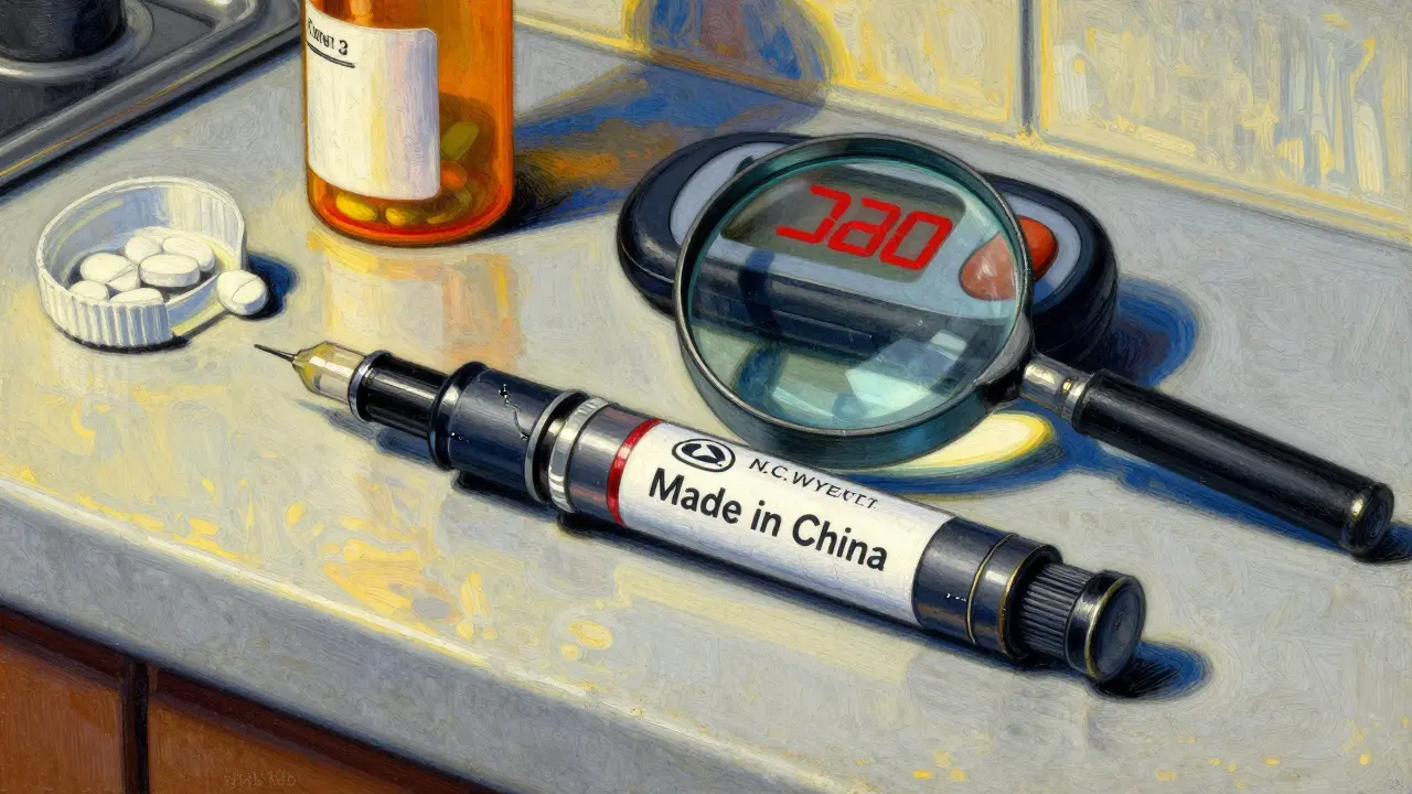 A cracked insulin pen lies on a counter next to a red-alert blood monitor, magnified to reveal counterfeit labeling.