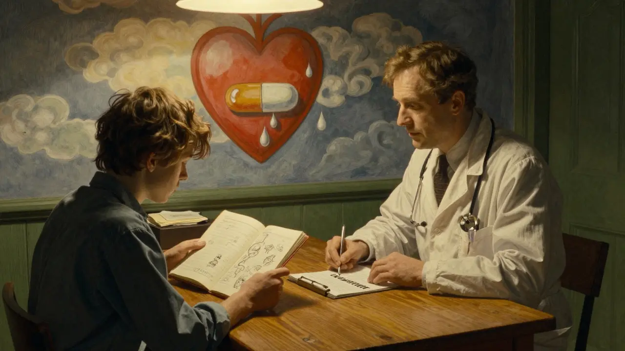A doctor and patient discussing sleep issues at a clinic table, with a dream-filled journal and pravastatin prescription visible.