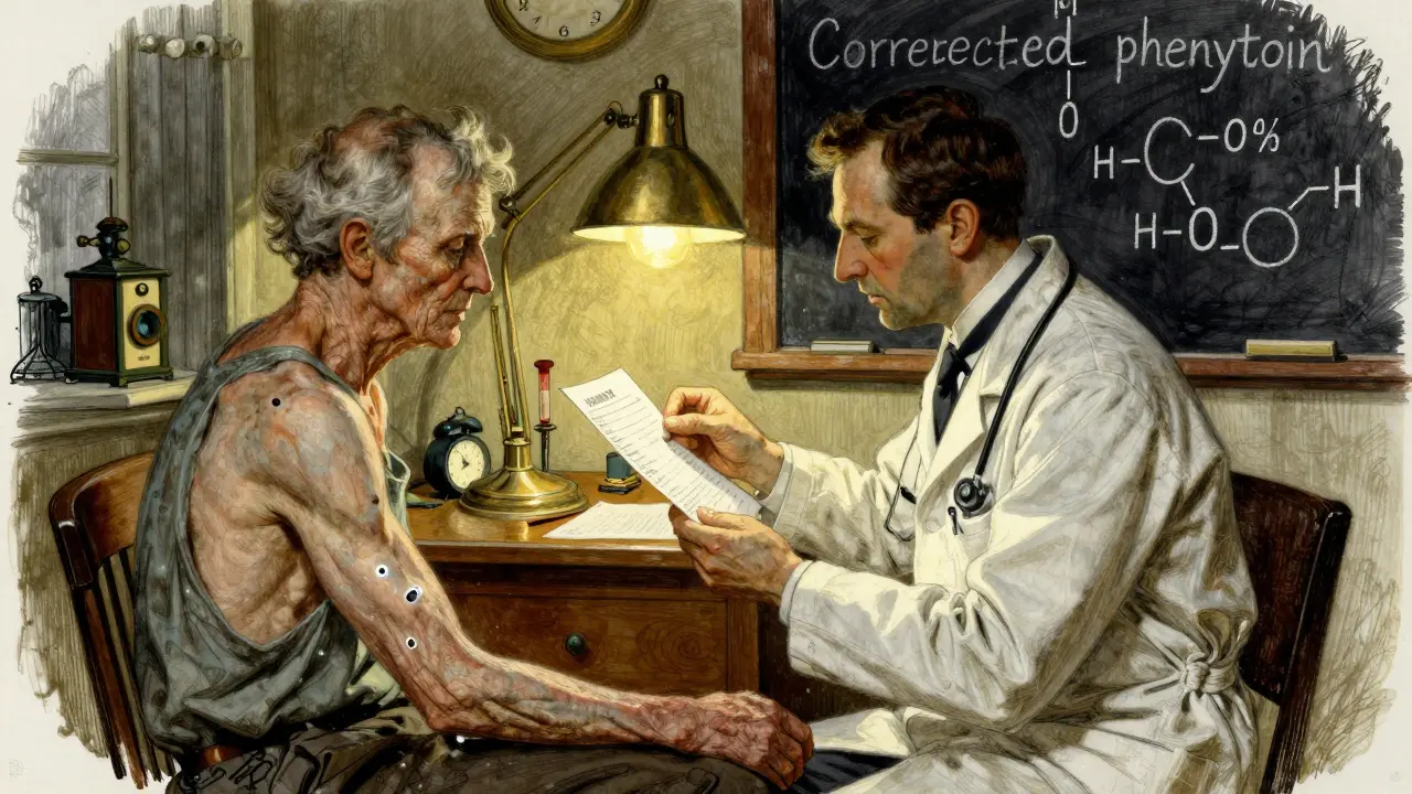 A doctor reviews a blood test while an elderly patient’s protein-bound drug molecules float nearby.