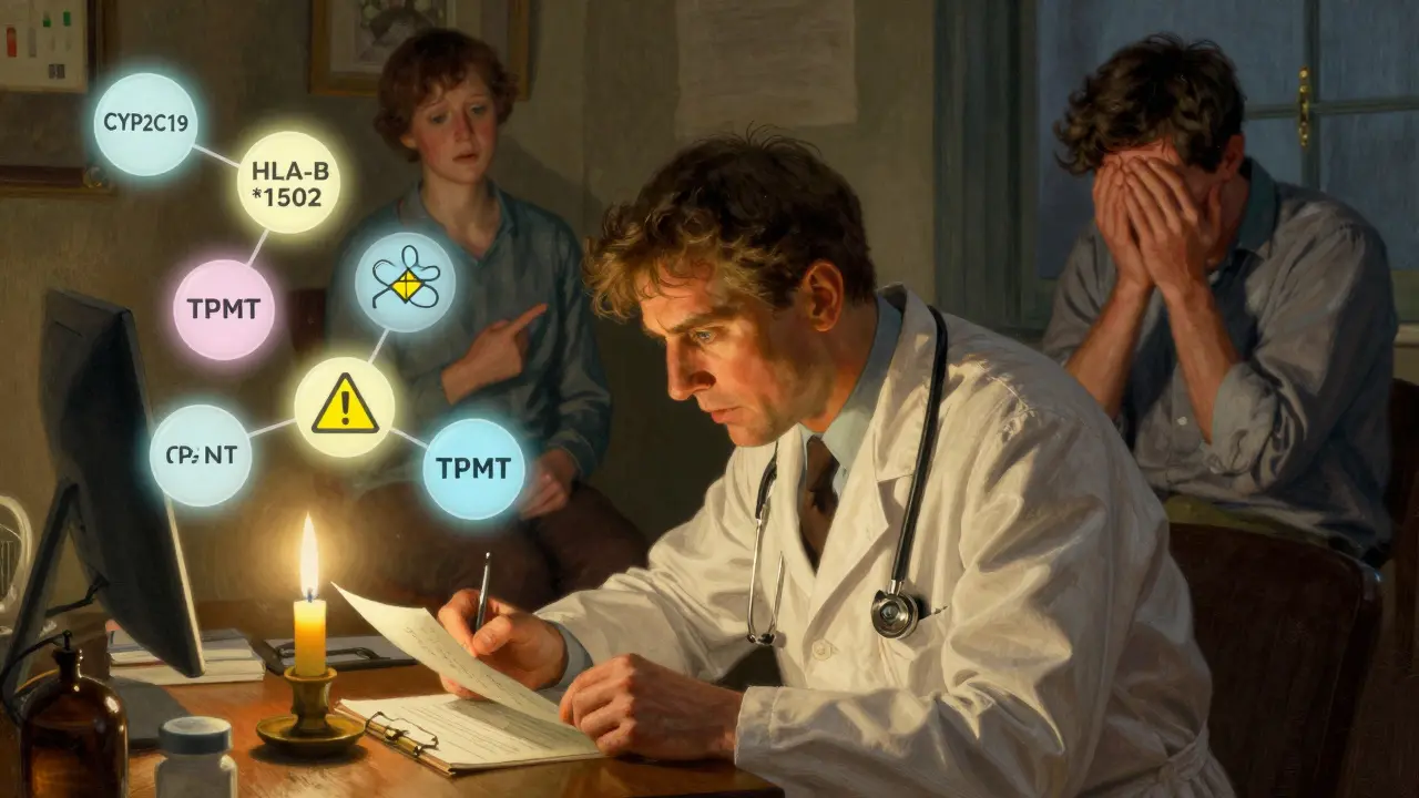 A doctor studies a chart with glowing gene icons, showing one patient healed and another suffering from a bad drug reaction.