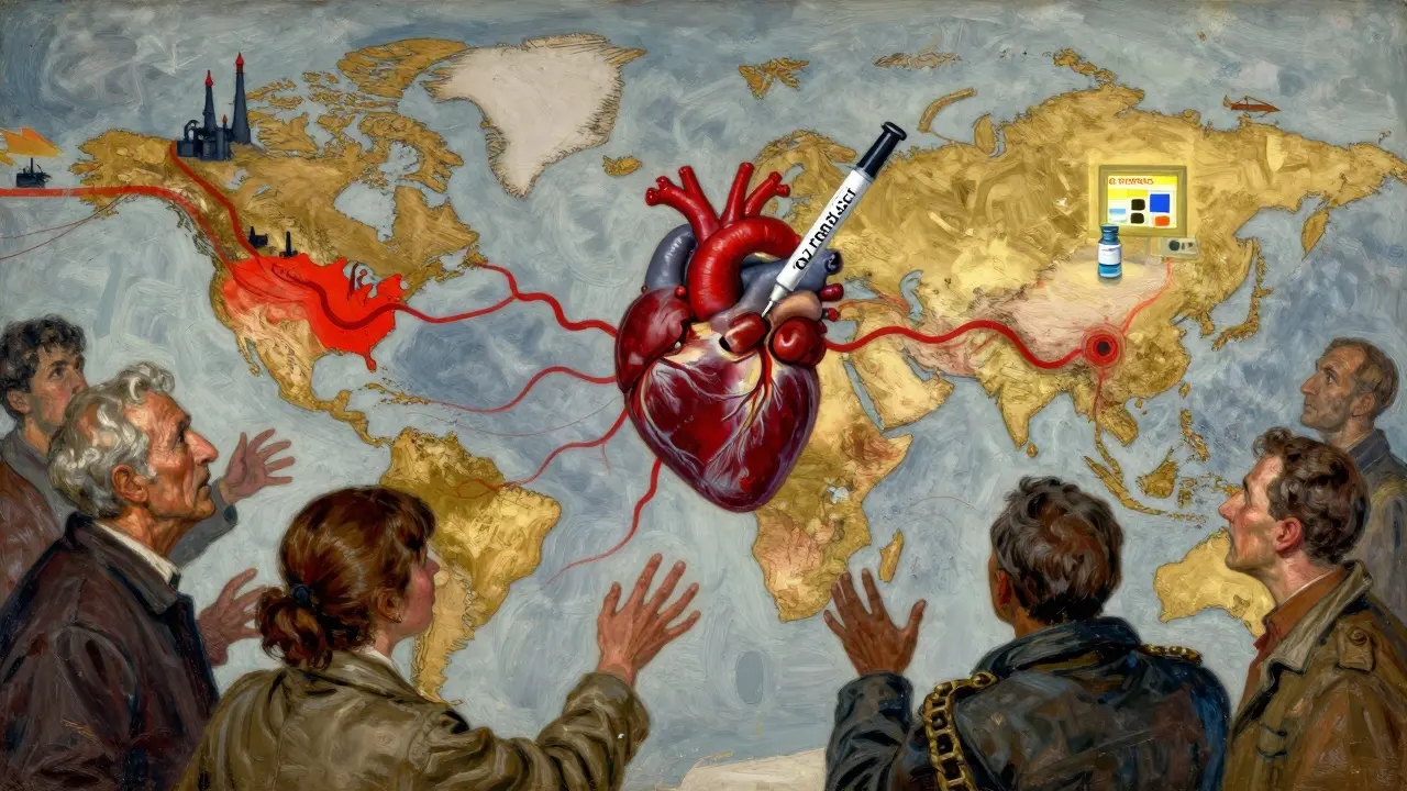 A global map shows dangerous drug networks piercing a human heart, while a certified pharmacy glows safely in the distance.