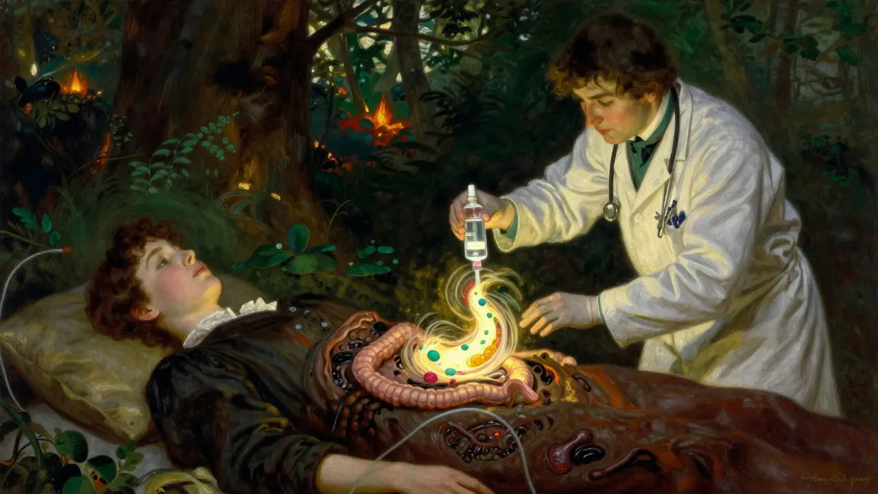 A glowing microbial transplant restoring life to a barren intestine, illuminated by golden light.