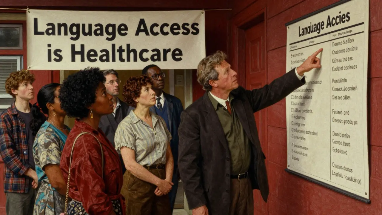 A group of patients and advocates stand together with signs demanding language access in healthcare.