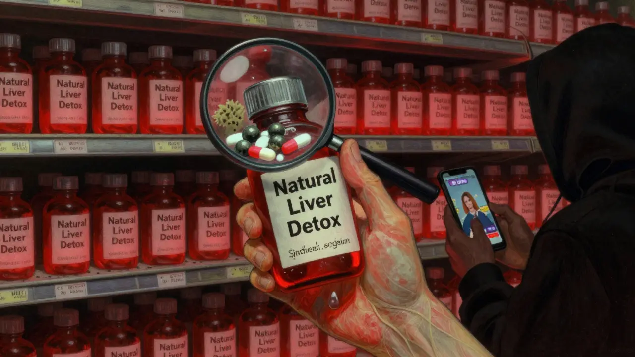 A hand holding a supplement bottle revealing hidden contaminants like lead and pesticides under magnification.