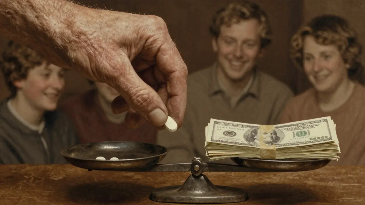 A hand places a low-cost generic pill on a scale balancing against expensive brand-name bills.