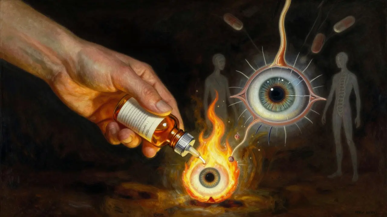 A hand tapers steroid drops into a flame that becomes a healthy eye, while damage fades and safer alternatives rise.