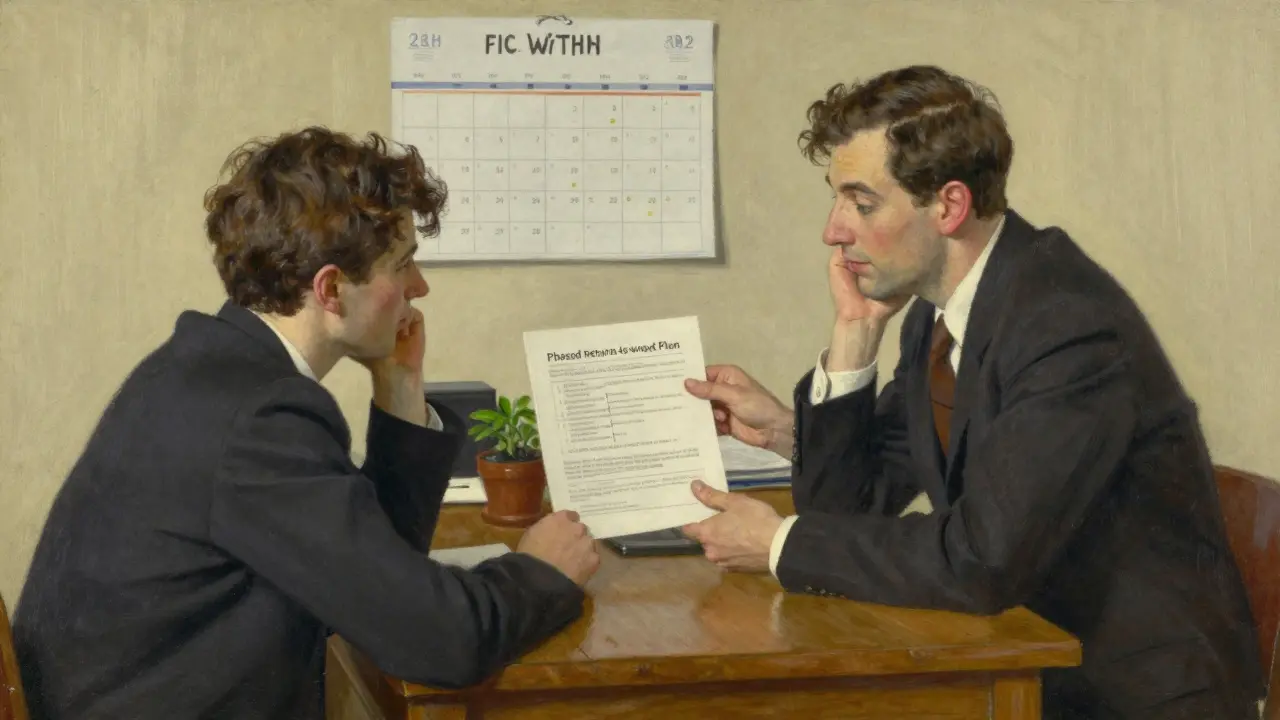 A manager and employee discussing a return-to-work plan with a printed schedule.