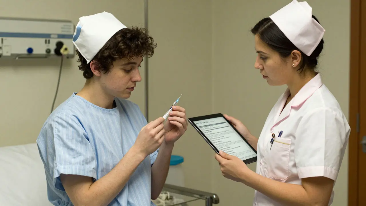 A nurse observes a patient administering insulin with a professional interpreter nearby.