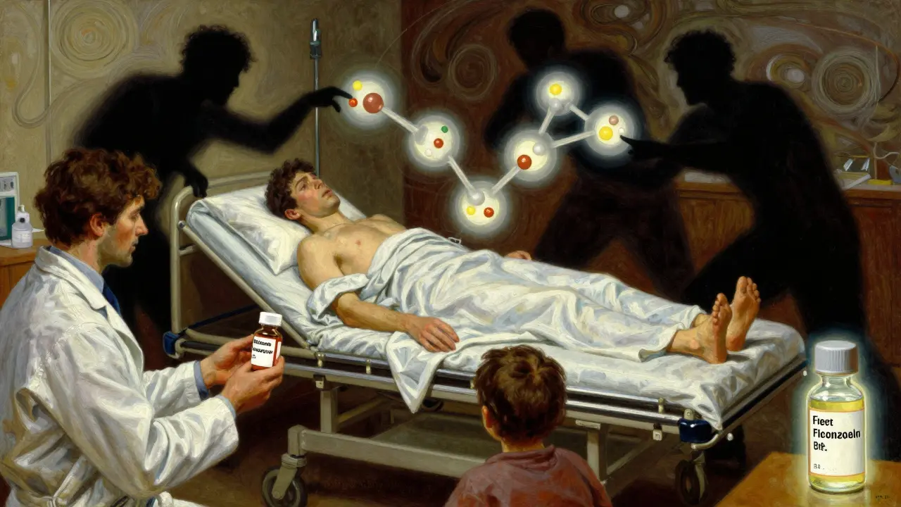 A patient seizes as shadowy drug interactions swirl around a glowing phenytoin molecule.