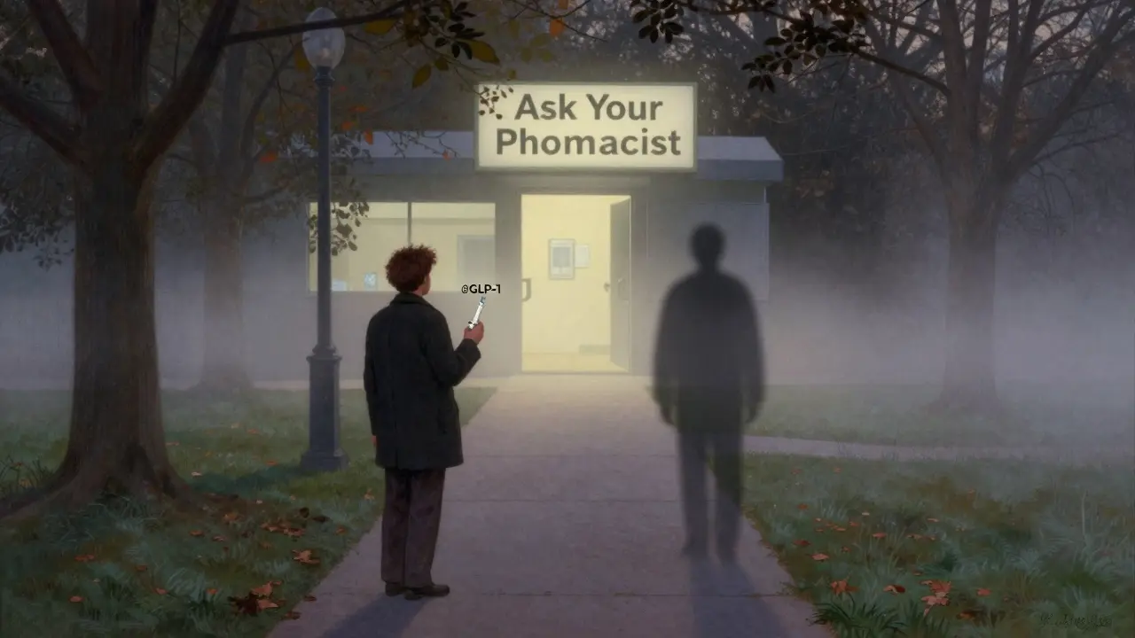 A person walks toward a clinic holding a weekly injector, looking back at a missed dose.