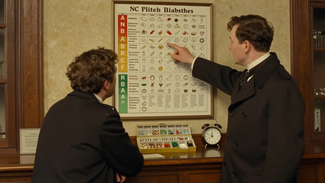 A pharmacist explains medication risk categories using a detailed wall chart to a patient.