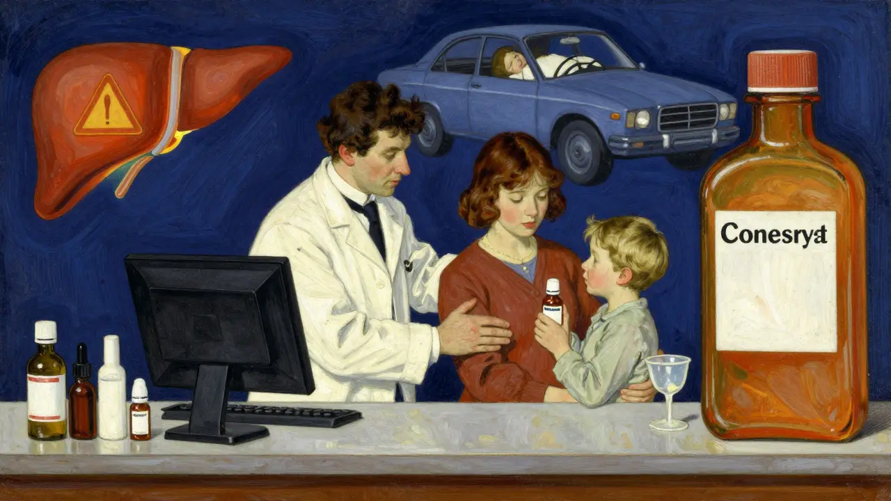 A pharmacist guiding a mother as symbolic dangers appear in the background, painted in dramatic tones.