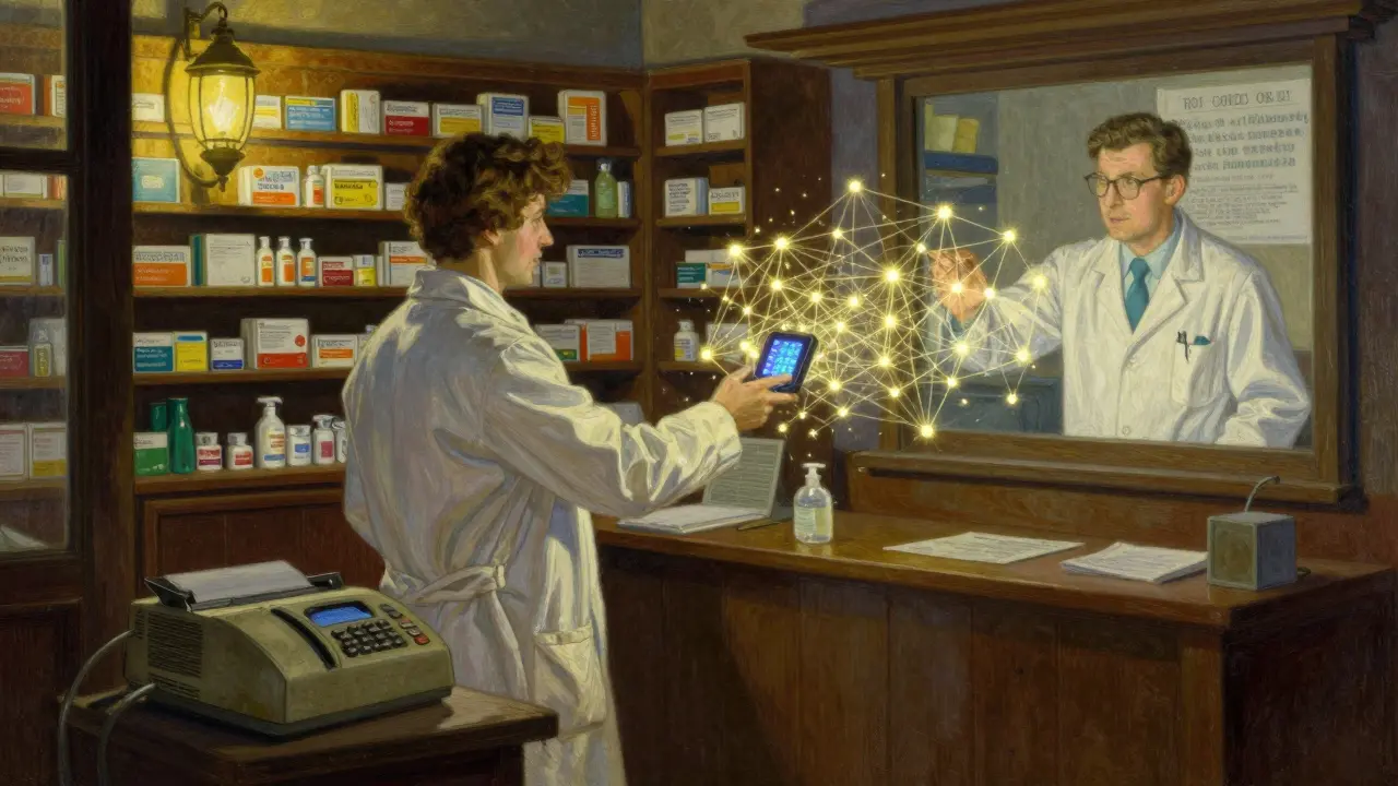 A pharmacist sending a digital alert to a doctor through interconnected data streams in a cozy pharmacy.