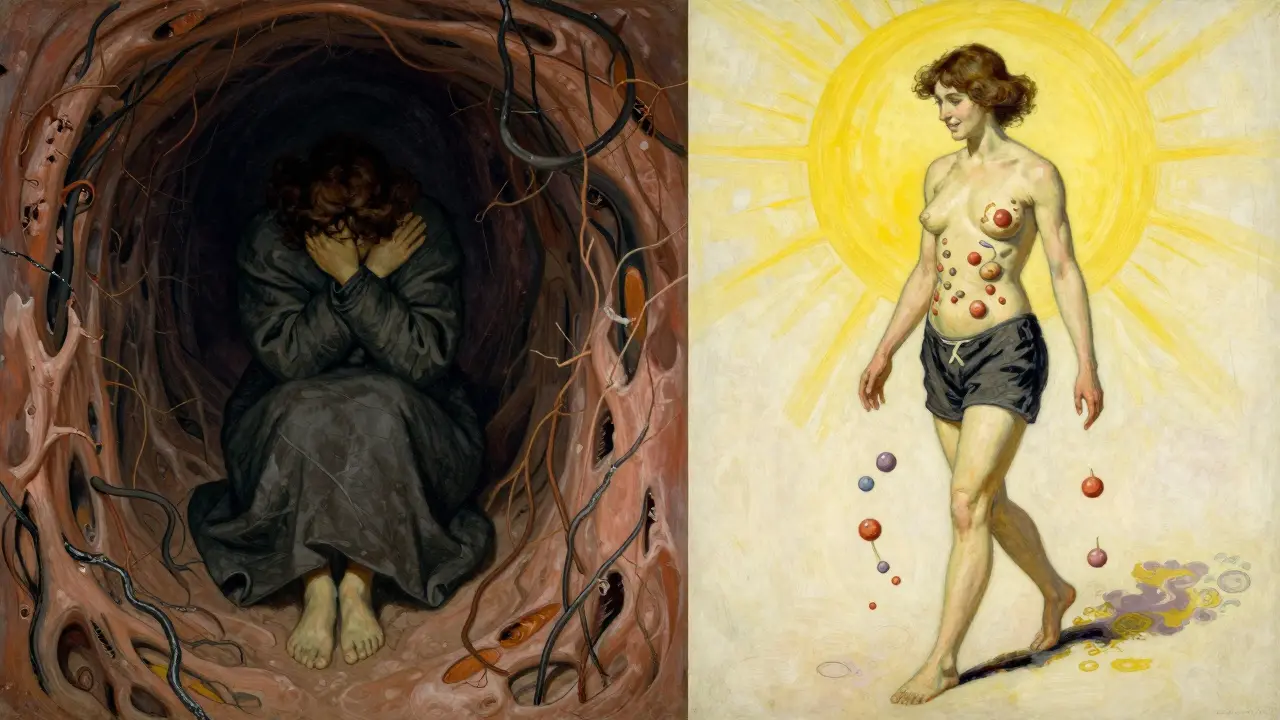 A woman transitions from hiding in shadow to walking freely in sunlight as inflammation fades.