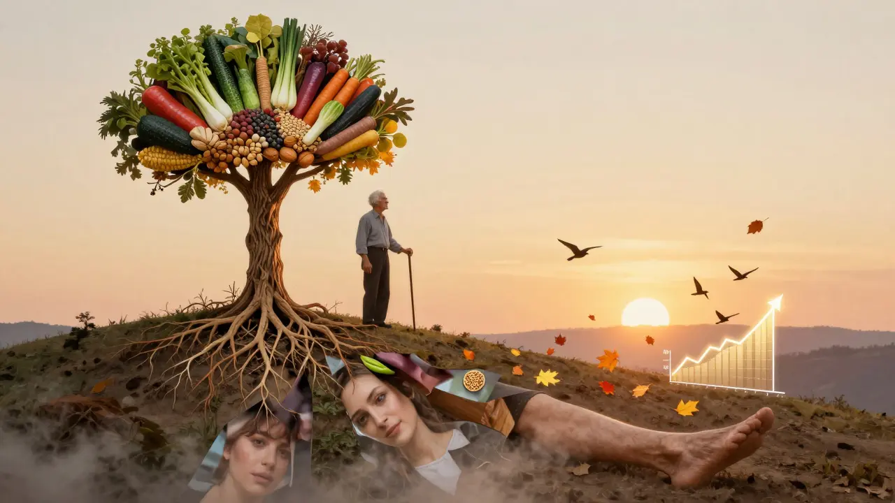 An elderly man on a hilltop, cane turning into a tree of healthy foods, with past complications fading away.