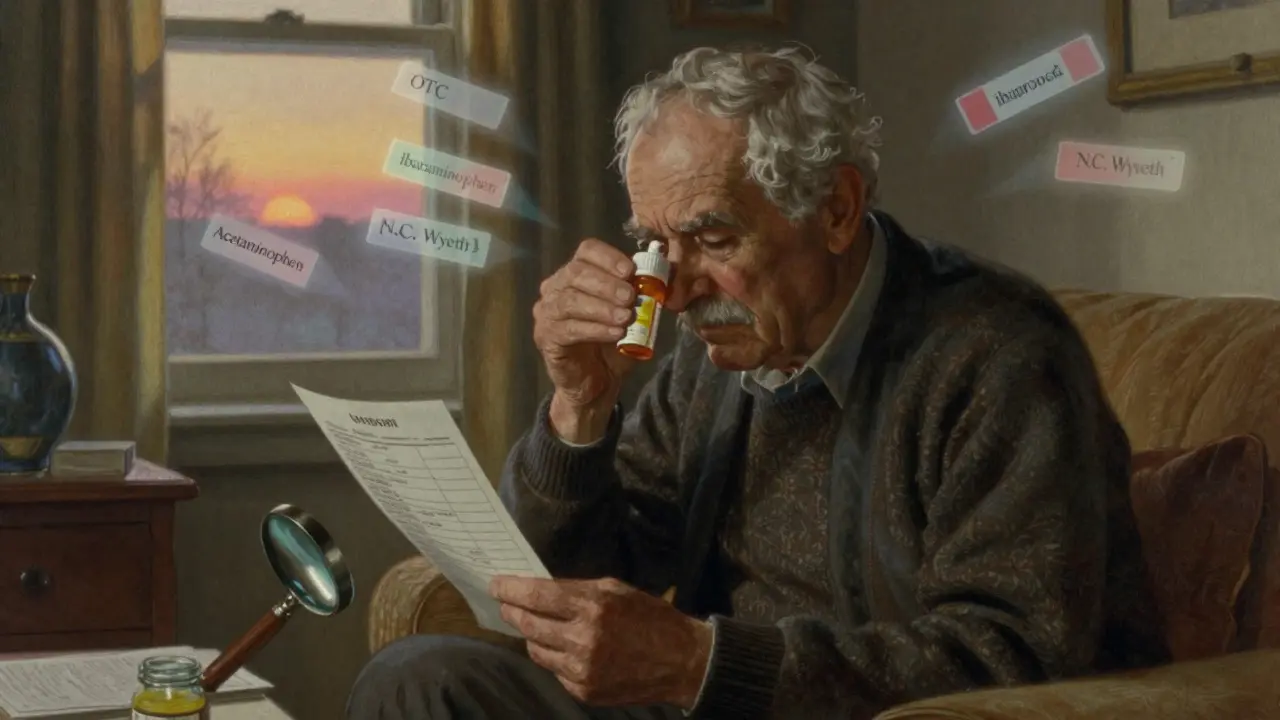 An elderly man reviewing medication list with ghostly warning labels floating nearby in warm light.