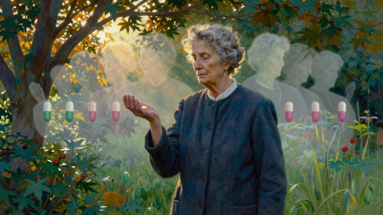 An elderly woman in a garden holding one pill, with faded outlines of twelve pills behind her in the morning light.