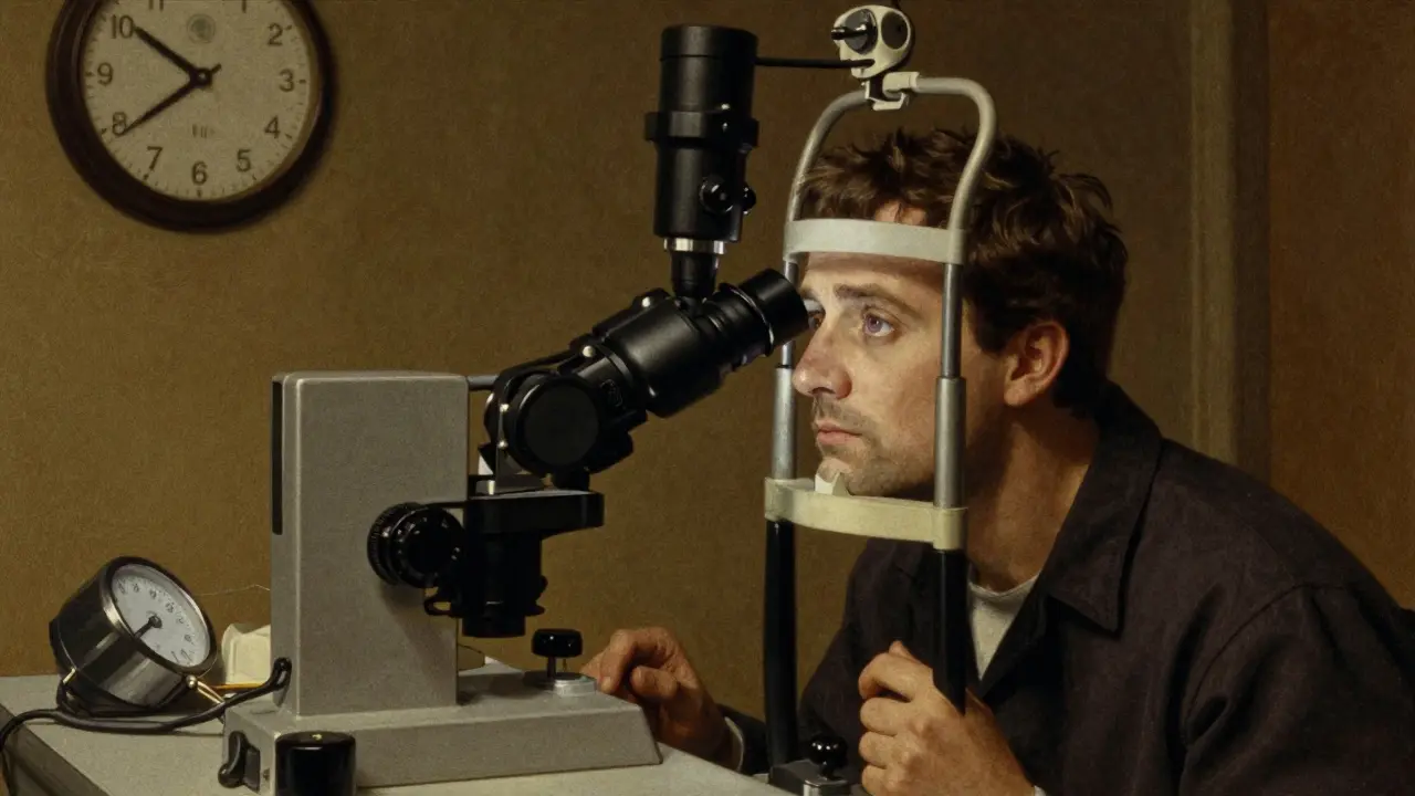 An optometrist measures eye pressure under a lamp, a cataract faintly forming in the patient’s eye as time ticks forward.